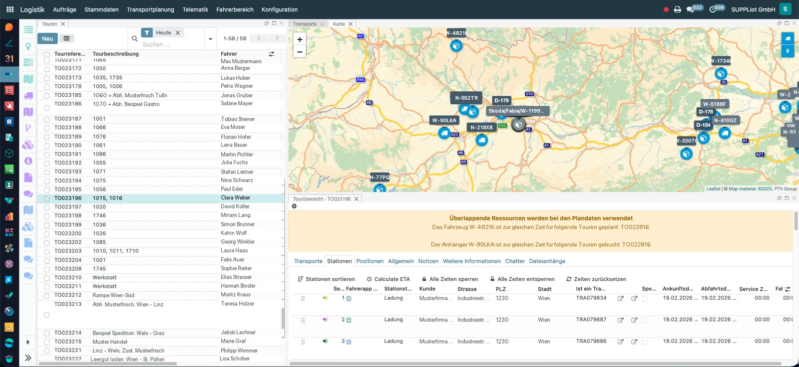 Dispositions-Cockpit von Odoo 4 logistics mit Tourenliste, Karte und Stationen (Testdaten)