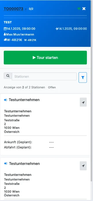 Fahrer-App von Odoo 4 logistics (Testdaten)