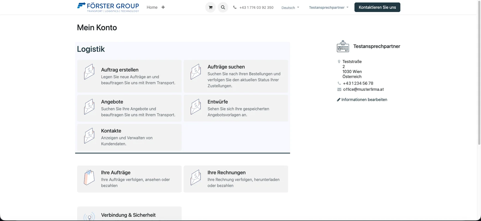 Kundenportal von Odoo 4 logistics (Testdaten)