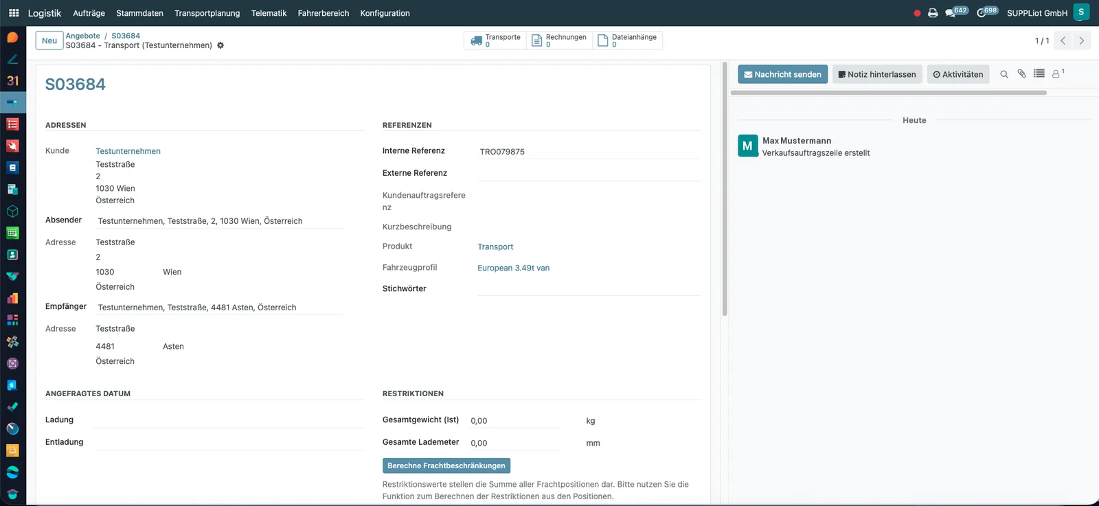 Transportauftrag in Odoo 4 logistics mit Adressen und Fahrzeugprofil (Testdaten)
